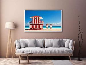 Minimal coastal beach scene with red lifeguard hut blue ocean and two women walking aesthetic wall art