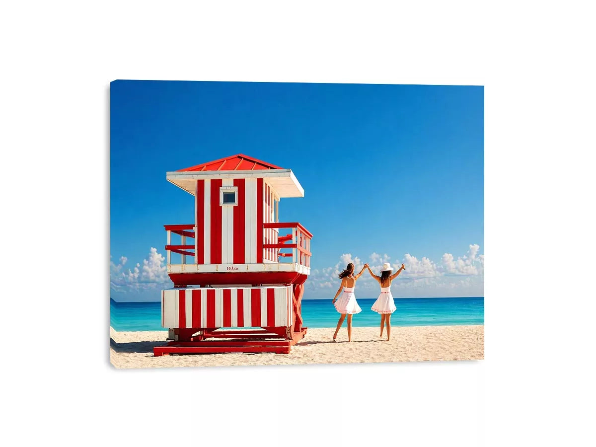 Minimal coastal beach scene with red lifeguard hut blue ocean and two women walking aesthetic wall art