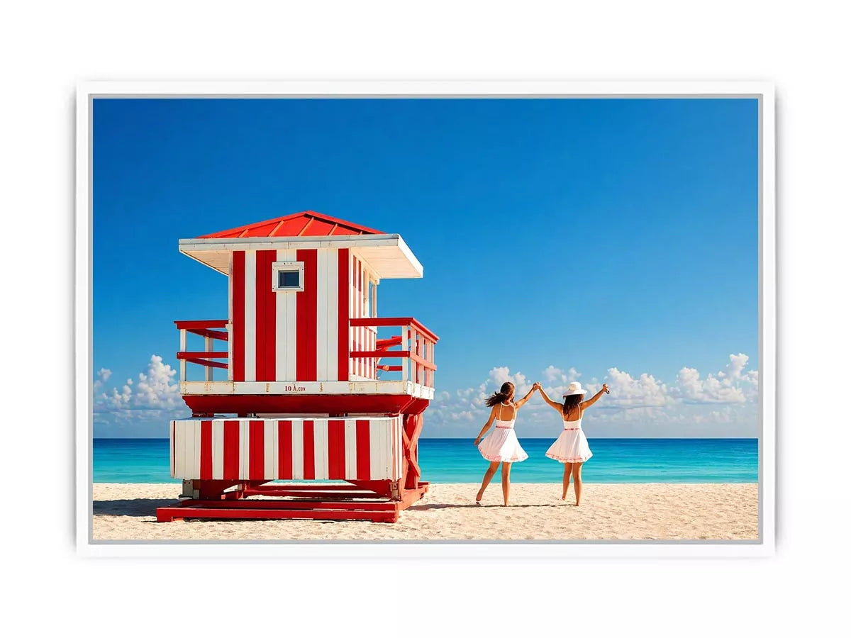 Minimal coastal beach scene with red lifeguard hut blue ocean and two women walking aesthetic wall art
