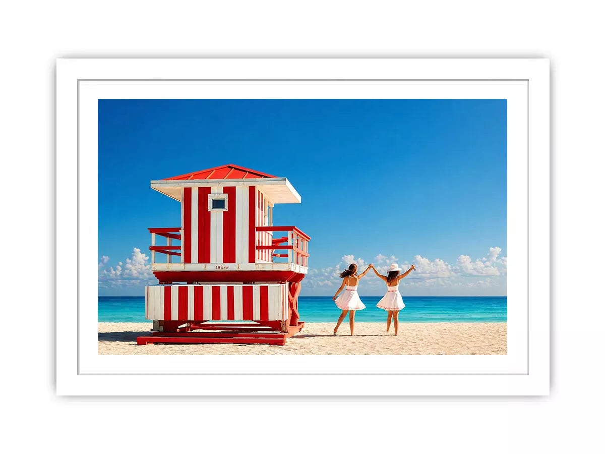 Minimal coastal beach scene with red lifeguard hut blue ocean and two women walking aesthetic wall art