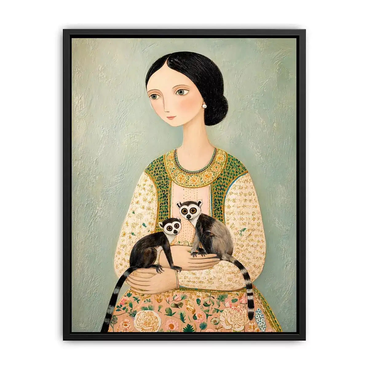 Whimsical portrait of woman holding two lemurs in soft pastel tones artistic illustration wall art