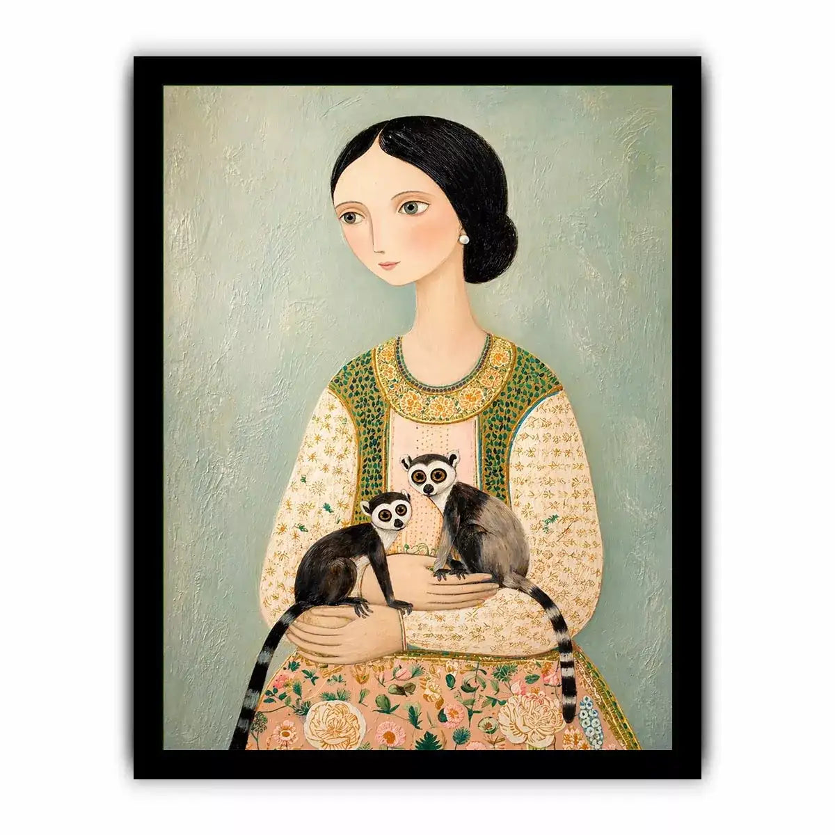 Whimsical portrait of woman holding two lemurs in soft pastel tones artistic illustration wall art