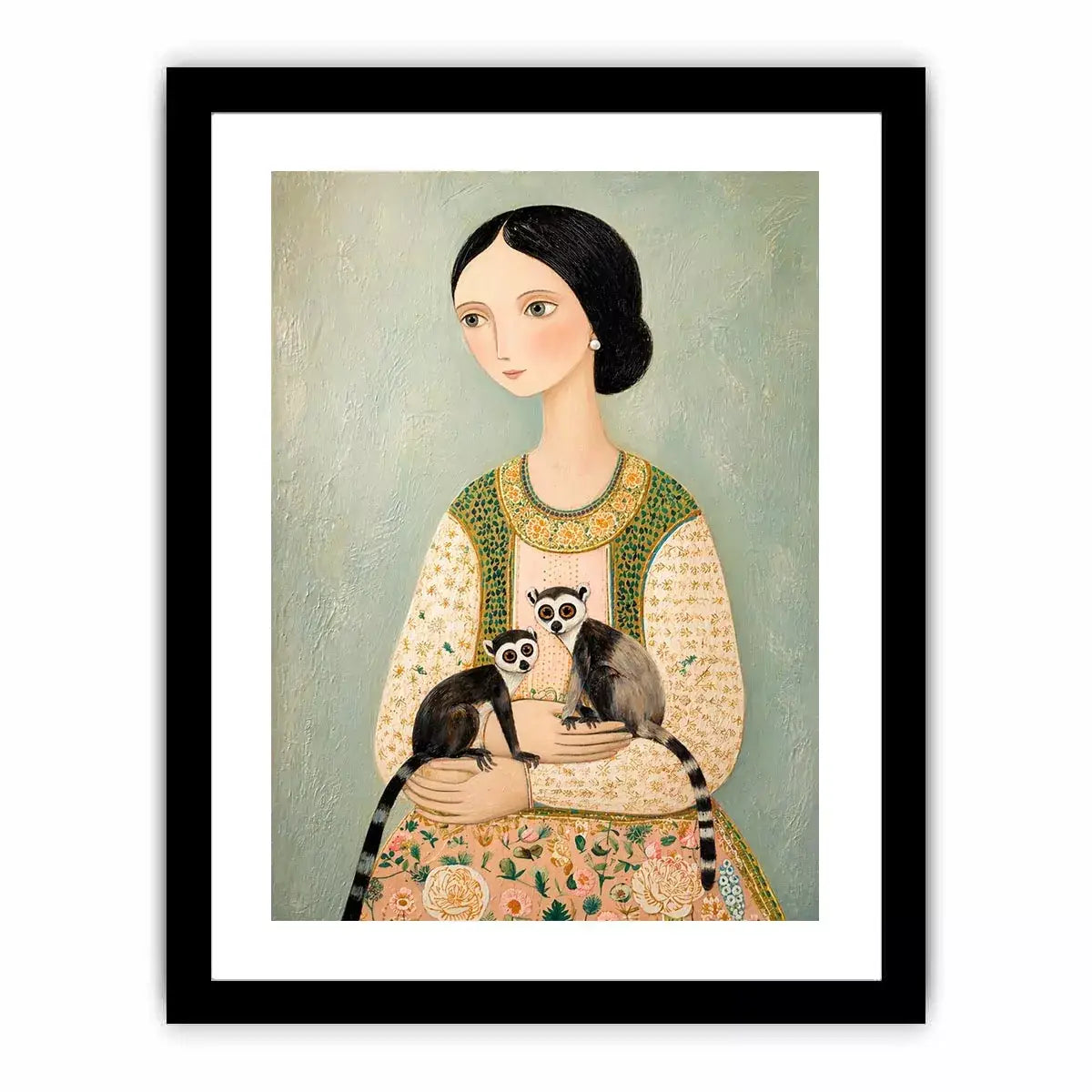 Whimsical portrait of woman holding two lemurs in soft pastel tones artistic illustration wall art