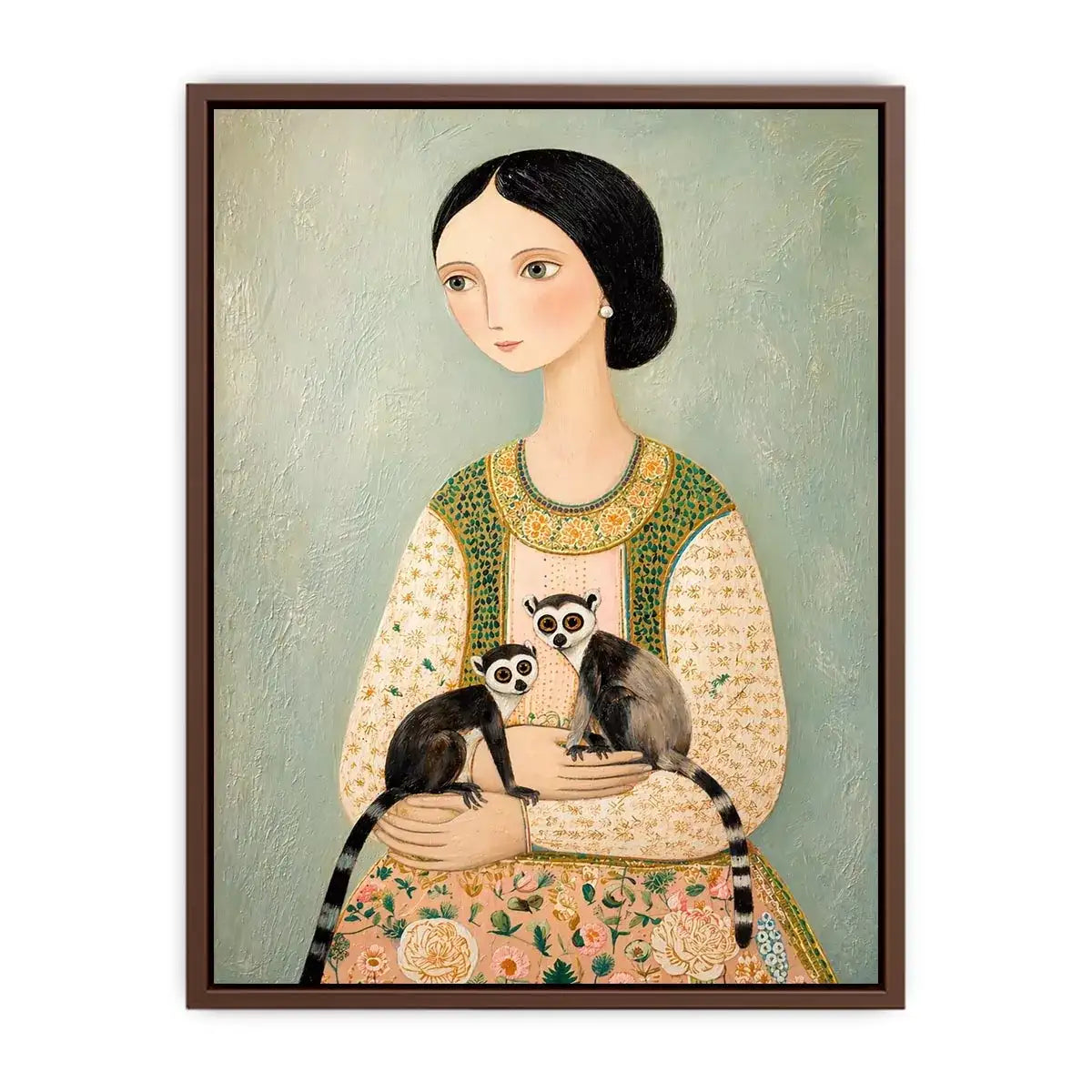 Whimsical portrait of woman holding two lemurs in soft pastel tones artistic illustration wall art