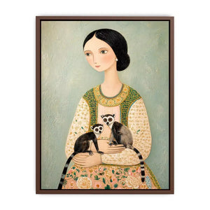 Whimsical portrait of woman holding two lemurs in soft pastel tones artistic illustration wall art