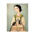 Whimsical portrait of woman holding two lemurs in soft pastel tones artistic illustration wall art
