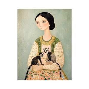 Whimsical portrait of woman holding two lemurs in soft pastel tones artistic illustration wall art