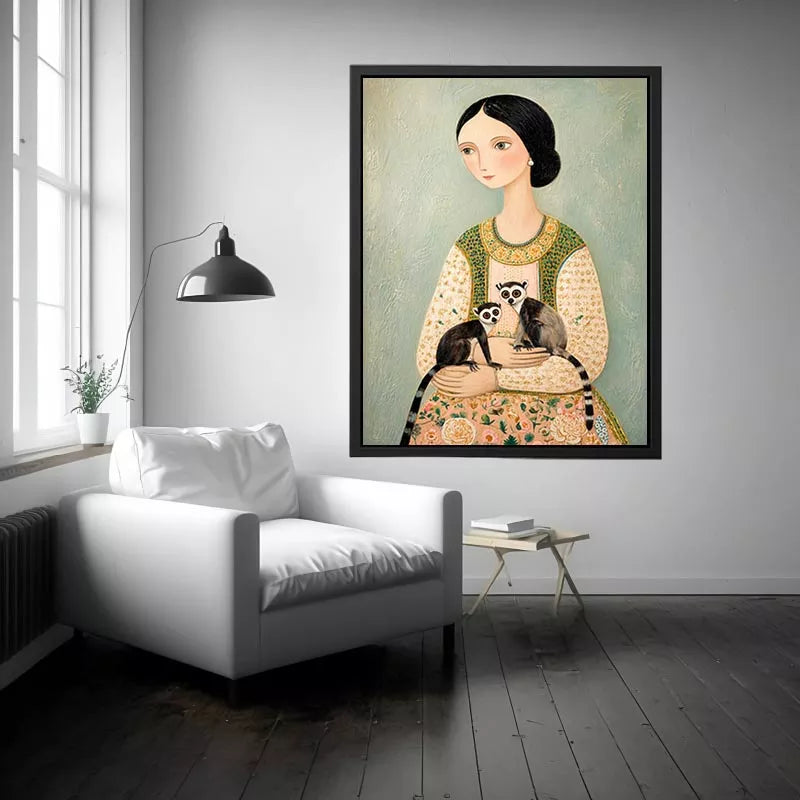 Whimsical portrait of woman holding two lemurs in soft pastel tones artistic illustration wall art