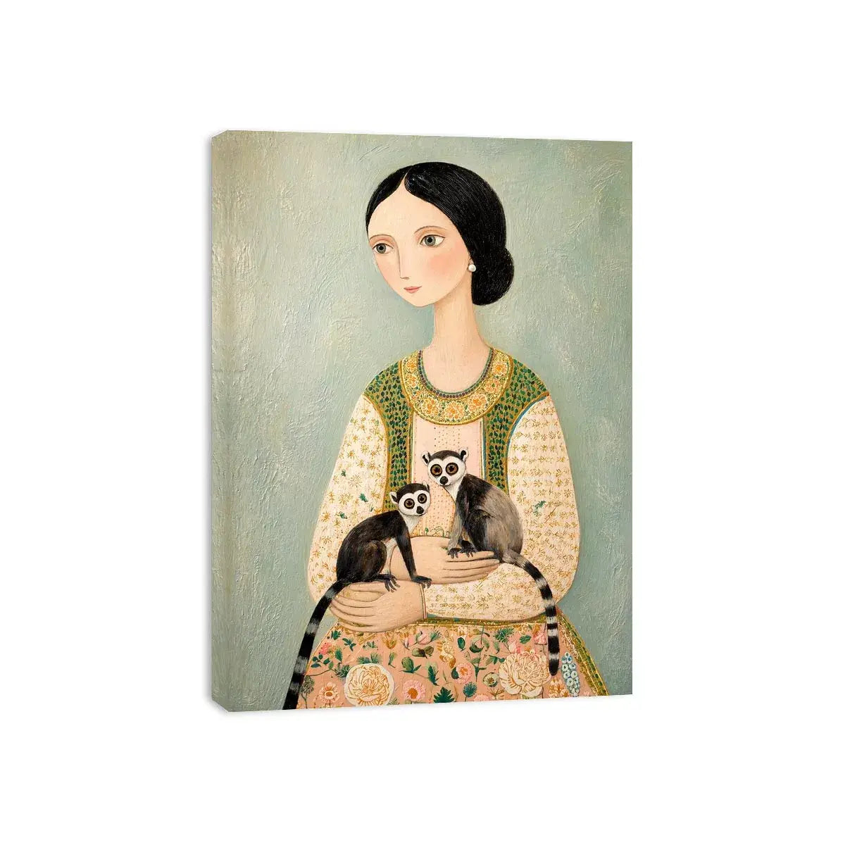 Whimsical portrait of woman holding two lemurs in soft pastel tones artistic illustration wall art