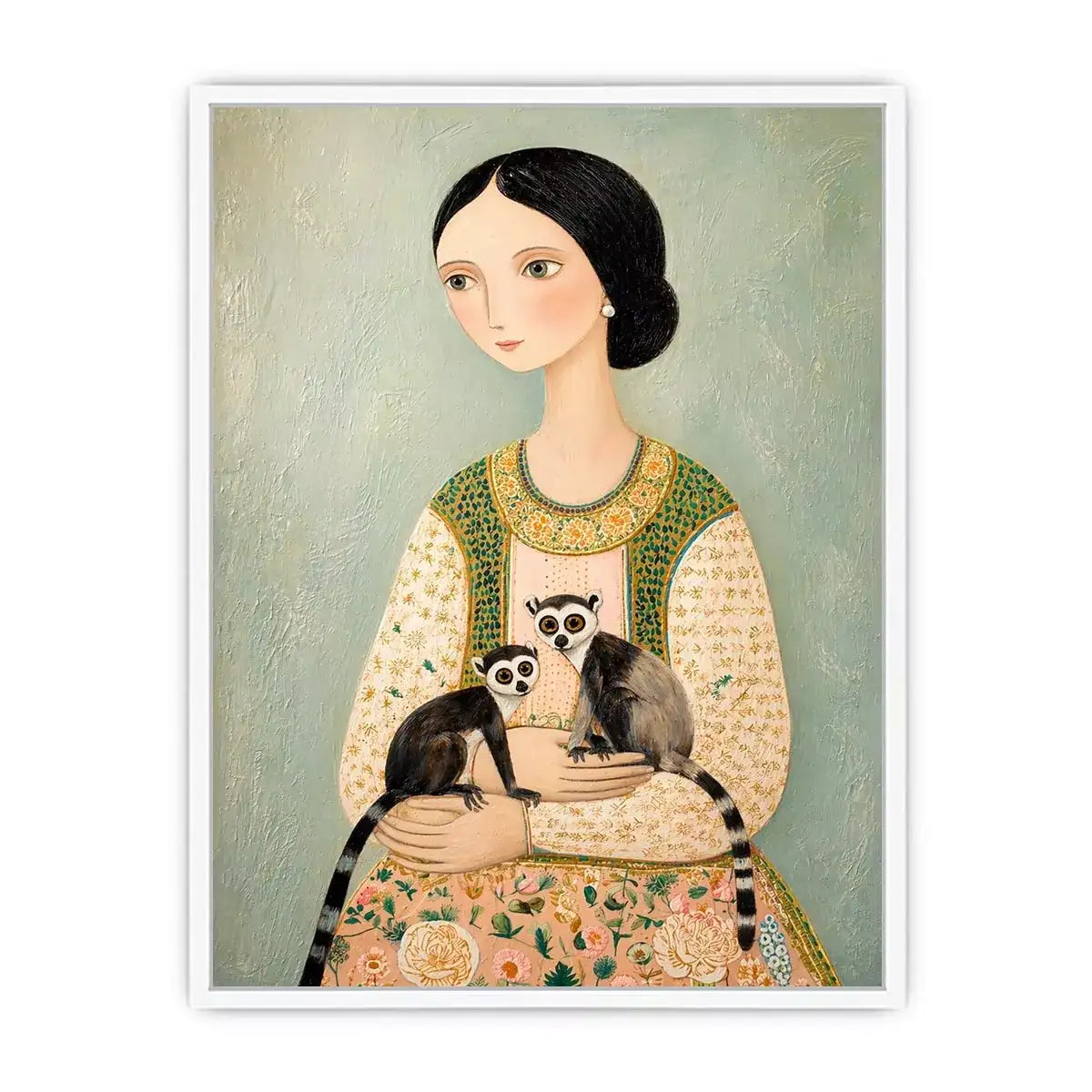 Whimsical portrait of woman holding two lemurs in soft pastel tones artistic illustration wall art