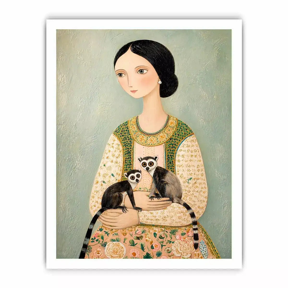 Whimsical portrait of woman holding two lemurs in soft pastel tones artistic illustration wall art
