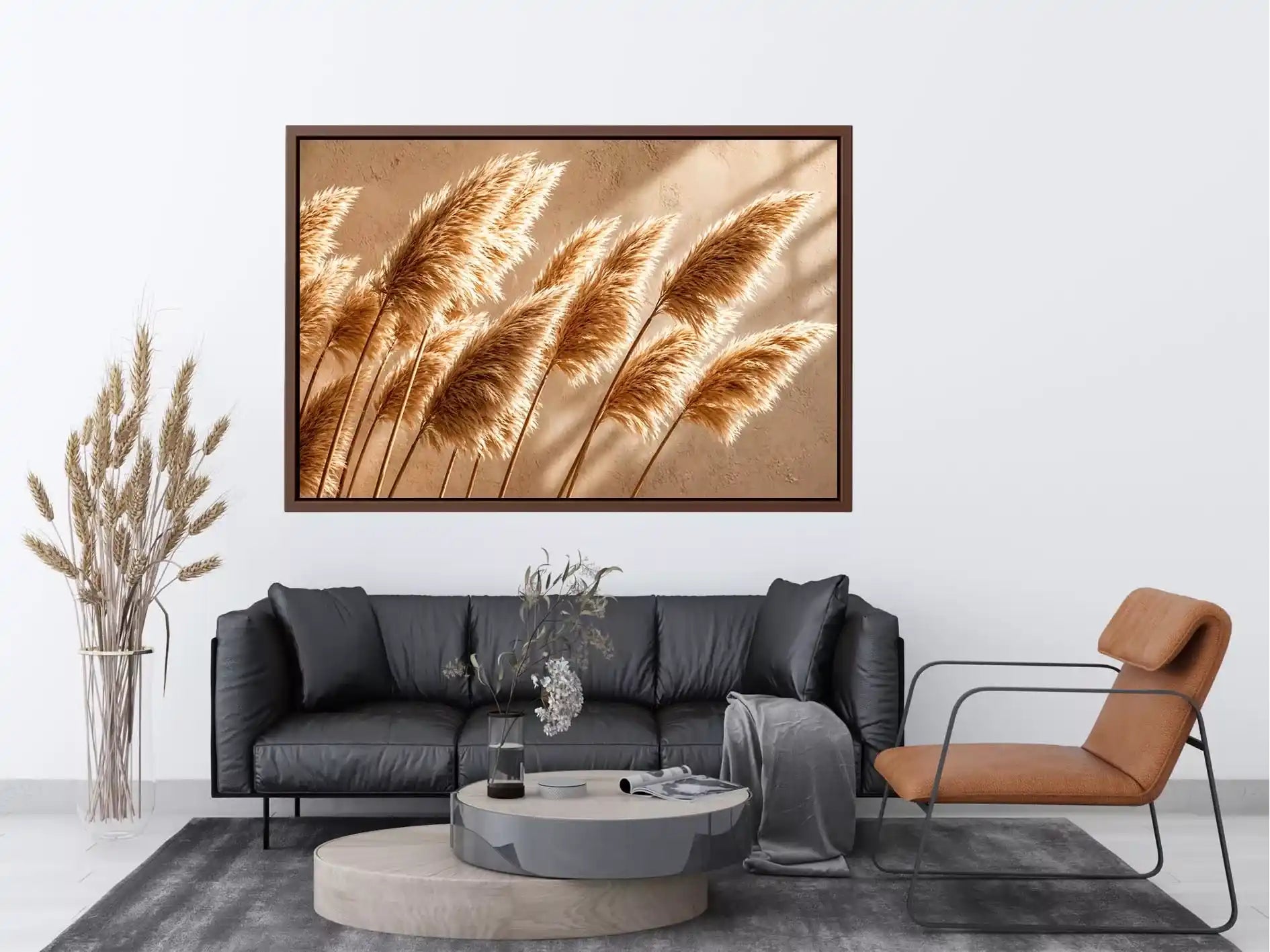 Warm neutral pampas grass wall art soft beige botanical photography minimal decor