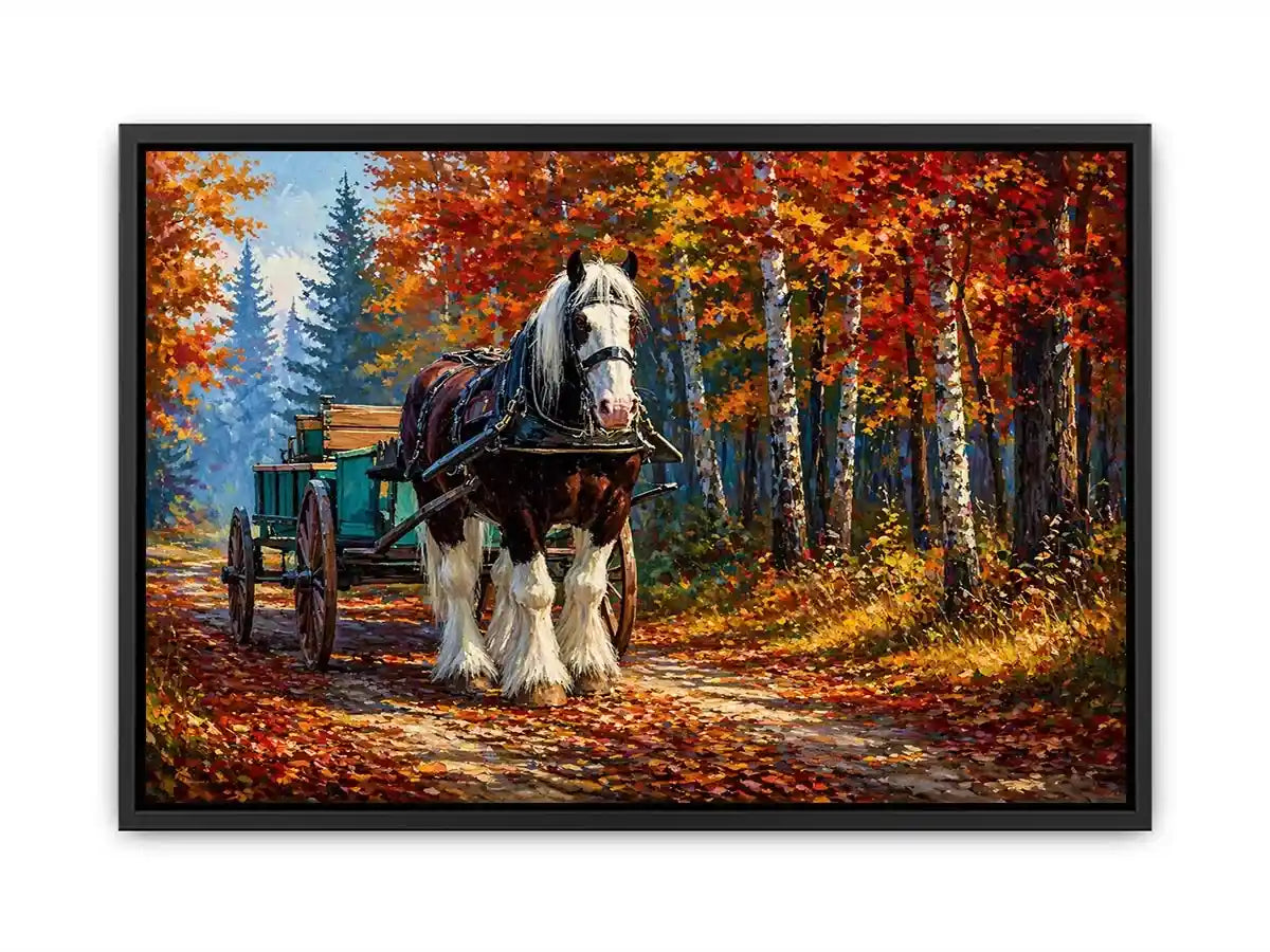 Impressionist autumn landscape with horse cart on forest path colorful fall trees painting