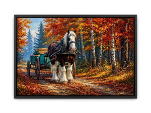 Impressionist autumn landscape with horse cart on forest path colorful fall trees painting