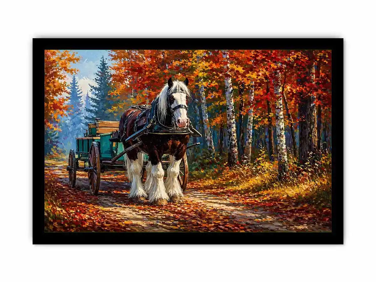 Impressionist autumn landscape with horse cart on forest path colorful fall trees painting