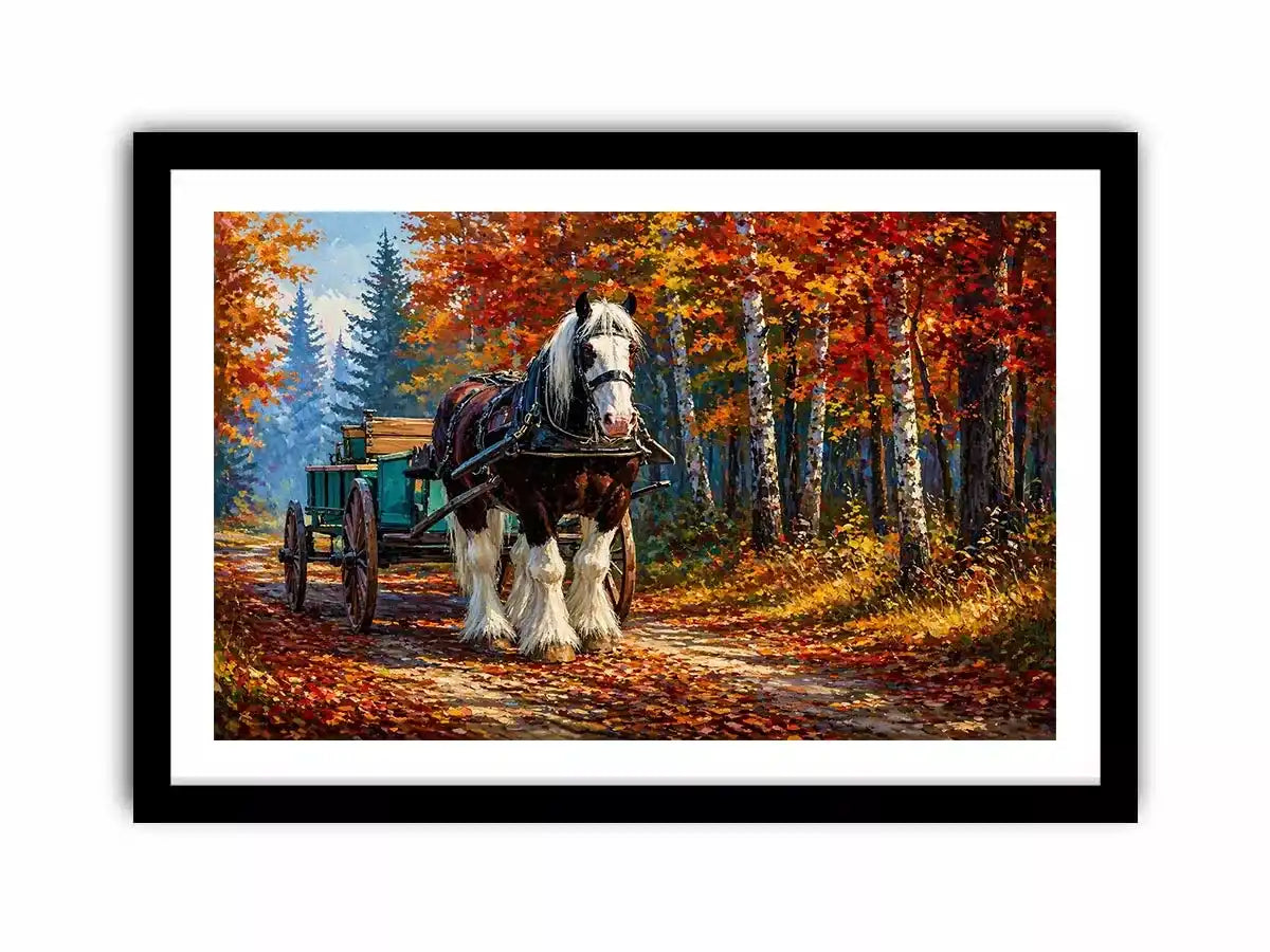Impressionist autumn landscape with horse cart on forest path colorful fall trees painting