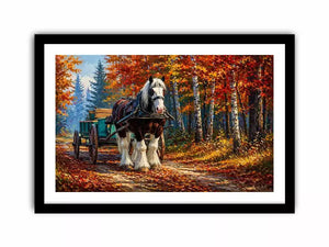Impressionist autumn landscape with horse cart on forest path colorful fall trees painting