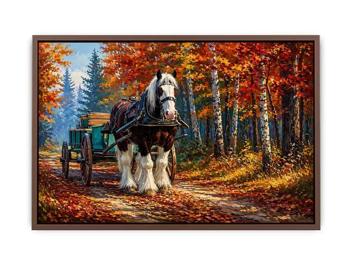 Impressionist autumn landscape with horse cart on forest path colorful fall trees painting