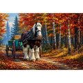 Impressionist autumn landscape with horse cart on forest path colorful fall trees painting