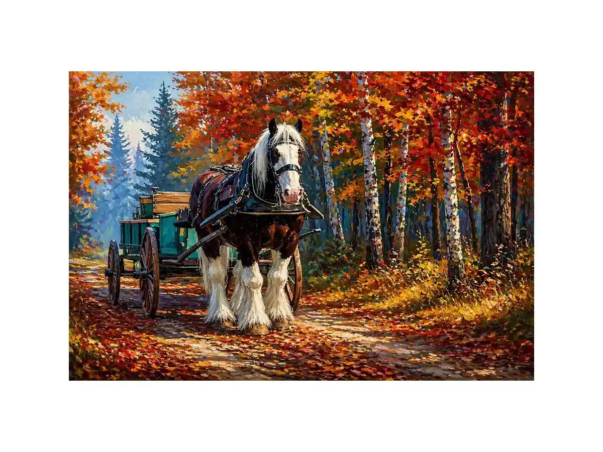 Impressionist autumn landscape with horse cart on forest path colorful fall trees painting