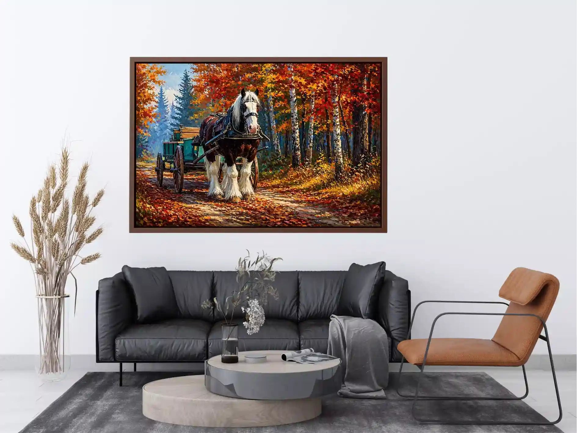 Impressionist autumn landscape with horse cart on forest path colorful fall trees painting