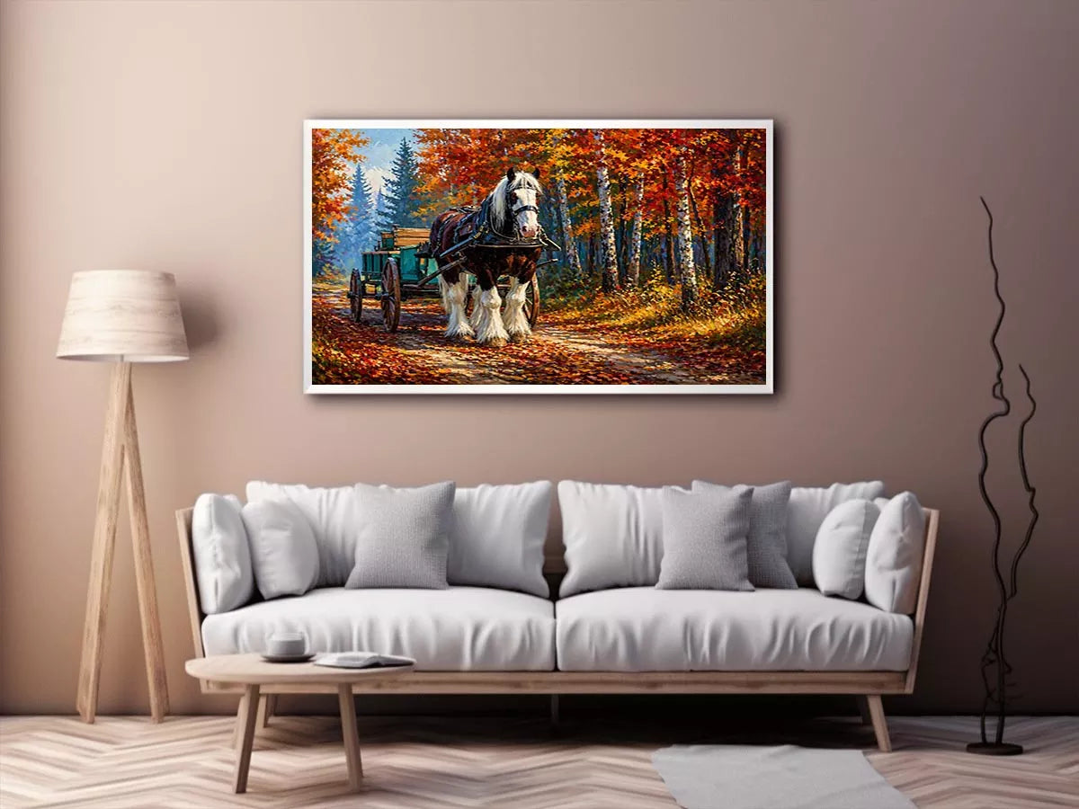 Impressionist autumn landscape with horse cart on forest path colorful fall trees painting