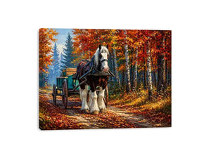 Impressionist autumn landscape with horse cart on forest path colorful fall trees painting