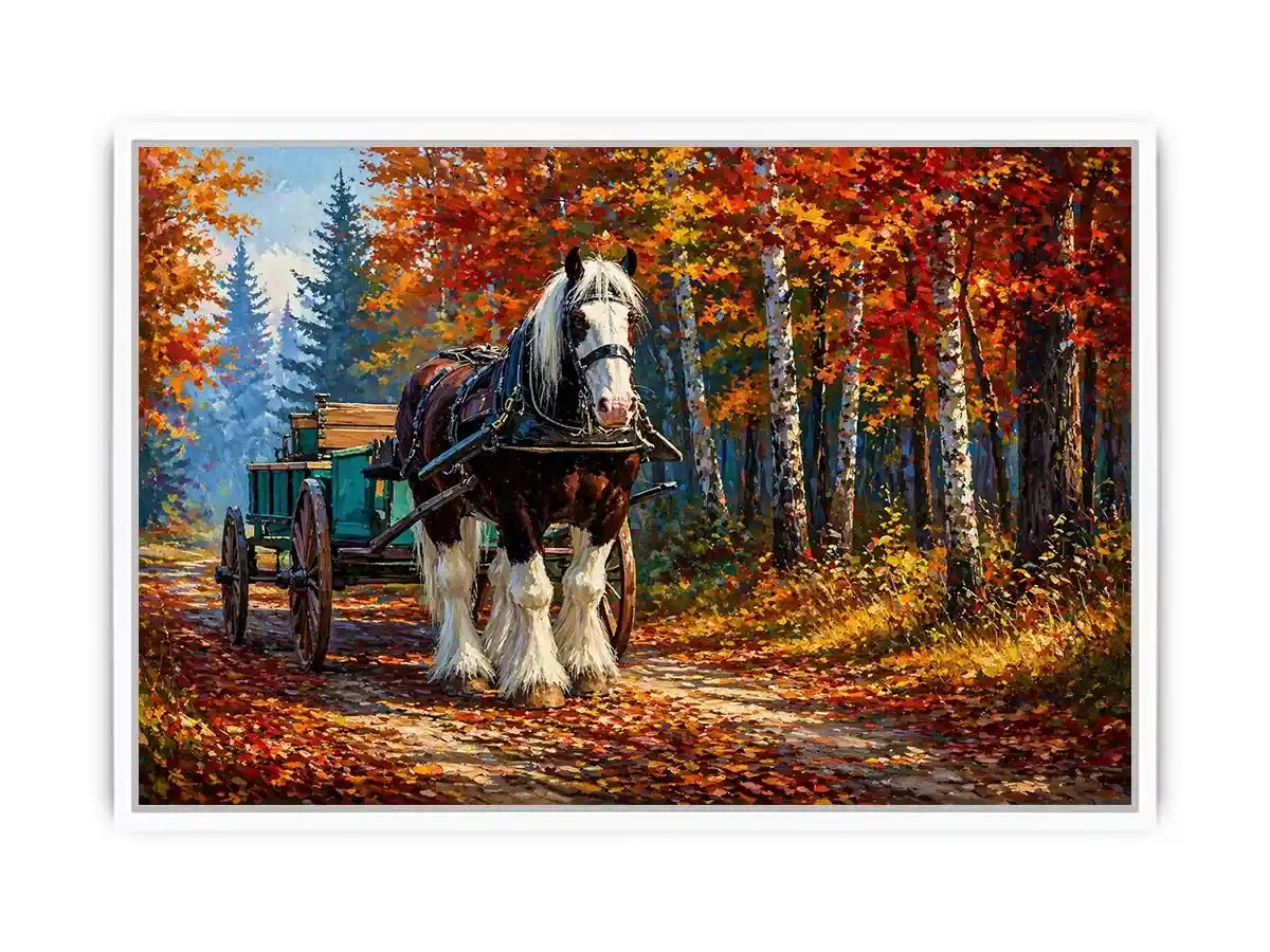 Impressionist autumn landscape with horse cart on forest path colorful fall trees painting