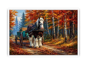 Impressionist autumn landscape with horse cart on forest path colorful fall trees painting