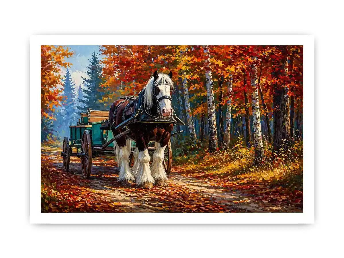 Impressionist autumn landscape with horse cart on forest path colorful fall trees painting