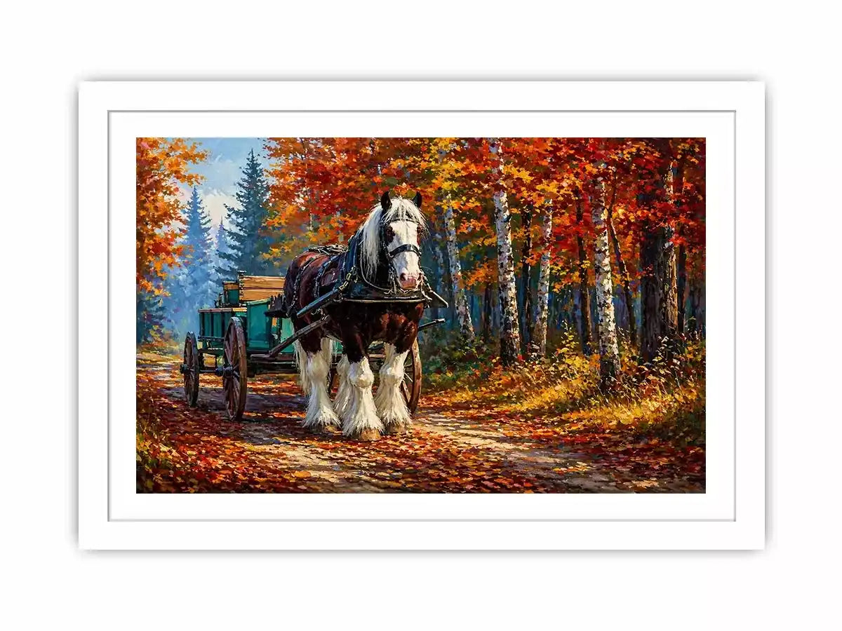 Impressionist autumn landscape with horse cart on forest path colorful fall trees painting