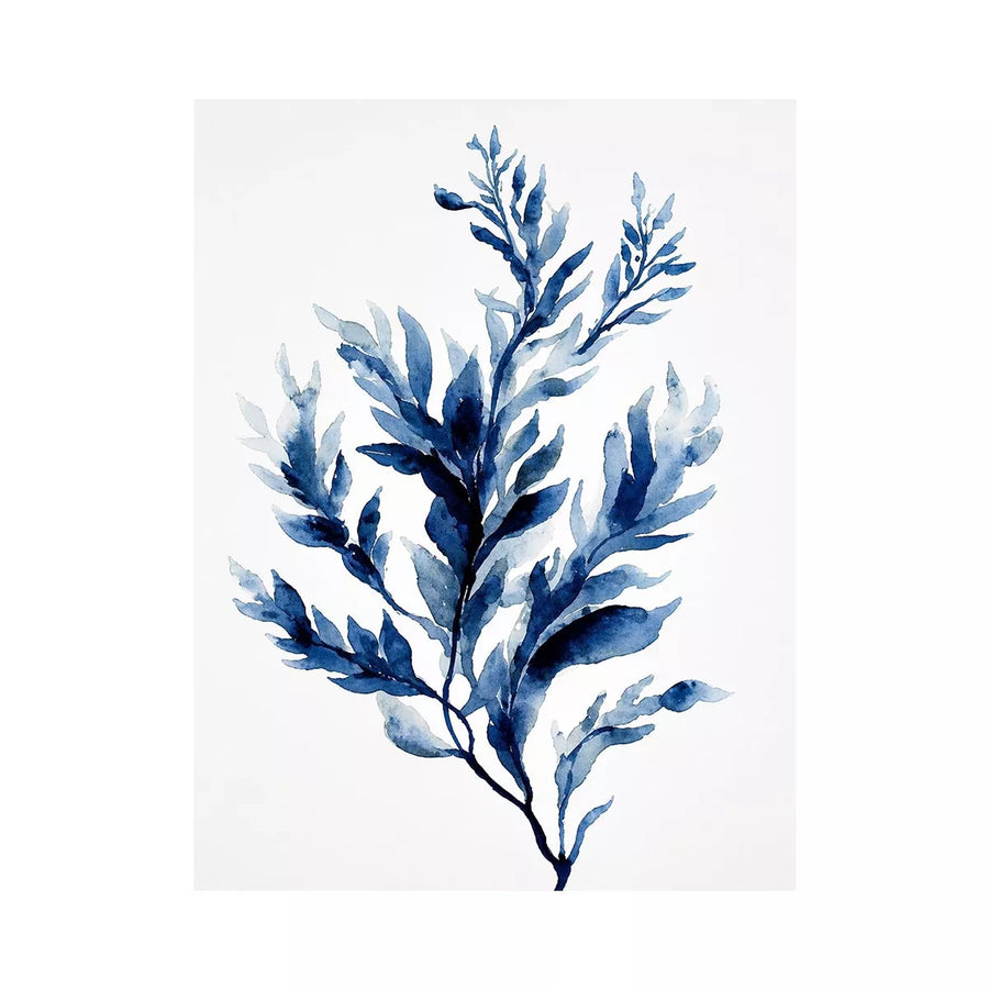 Indigo blue watercolor botanical leaves minimal wall art elegant abstract plant illustration