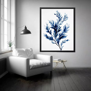 Indigo blue watercolor botanical leaves minimal wall art elegant abstract plant illustration