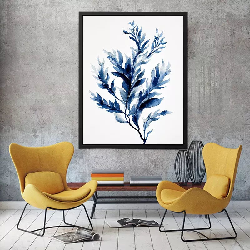 Indigo blue watercolor botanical leaves minimal wall art elegant abstract plant illustration