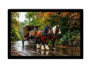Impressionist countryside horse carriage on autumn road rustic landscape wall art