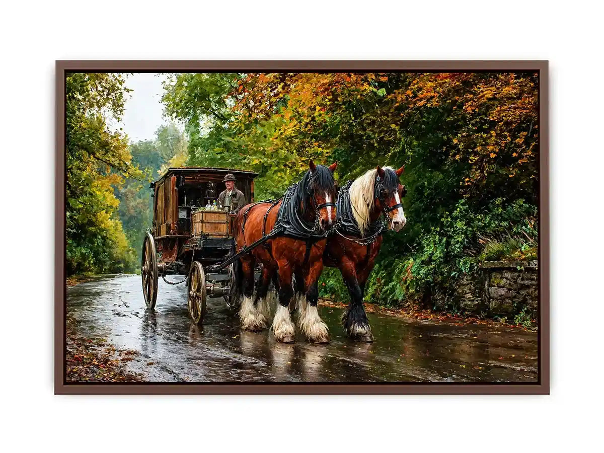 Impressionist countryside horse carriage on autumn road rustic landscape wall art