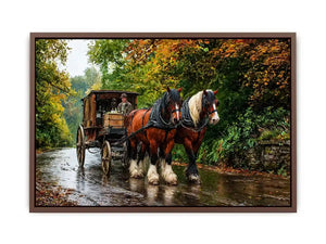 Impressionist countryside horse carriage on autumn road rustic landscape wall art