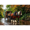 Impressionist countryside horse carriage on autumn road rustic landscape wall art