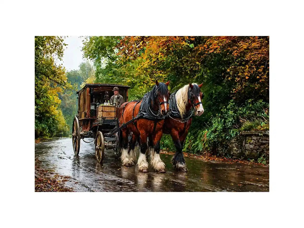 Impressionist countryside horse carriage on autumn road rustic landscape wall art