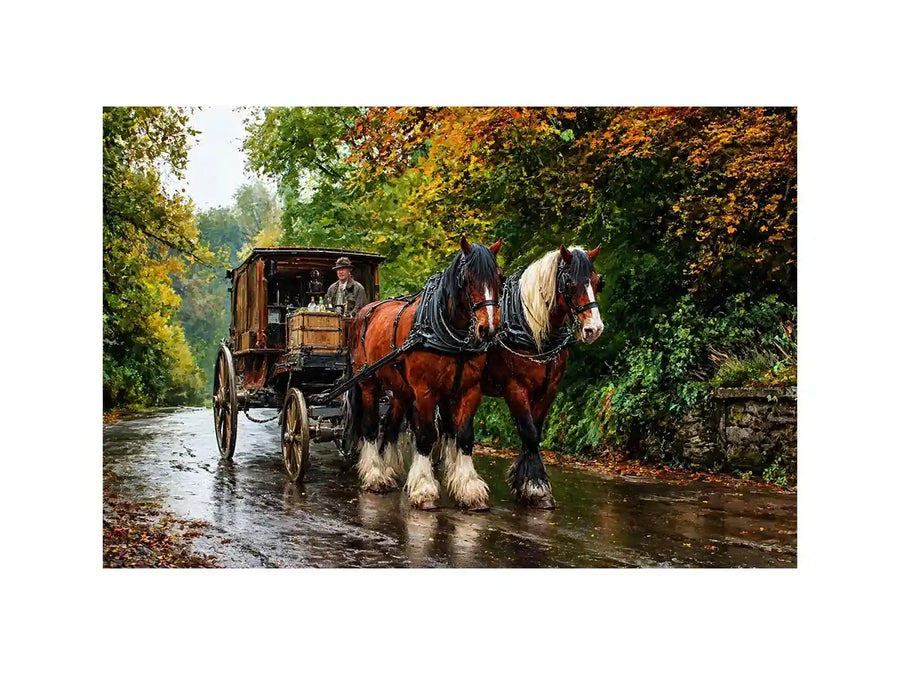 Impressionist countryside horse carriage on autumn road rustic landscape wall art
