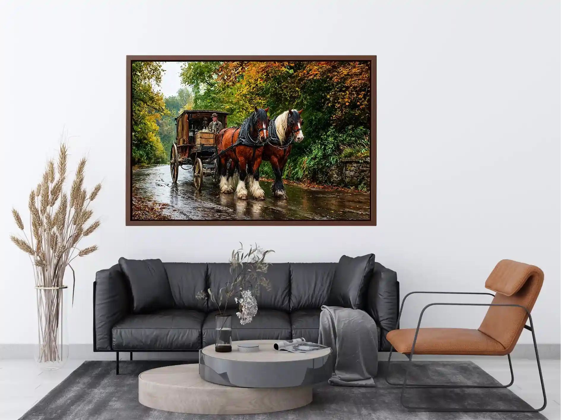Impressionist countryside horse carriage on autumn road rustic landscape wall art