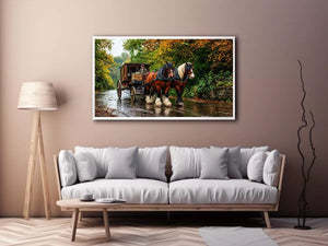 Impressionist countryside horse carriage on autumn road rustic landscape wall art