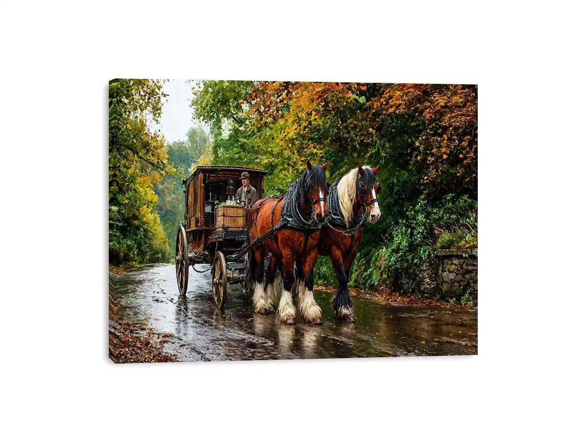 Impressionist countryside horse carriage on autumn road rustic landscape wall art
