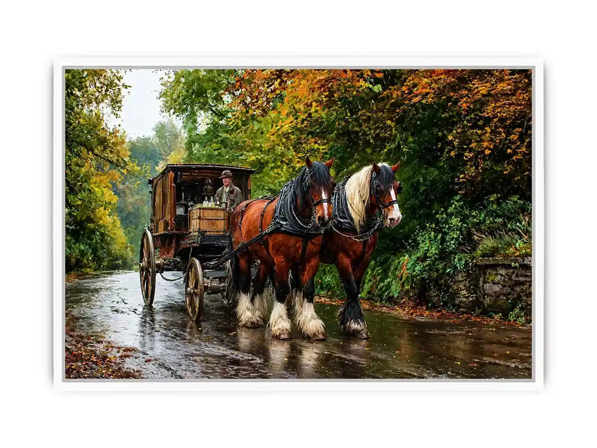 Impressionist countryside horse carriage on autumn road rustic landscape wall art
