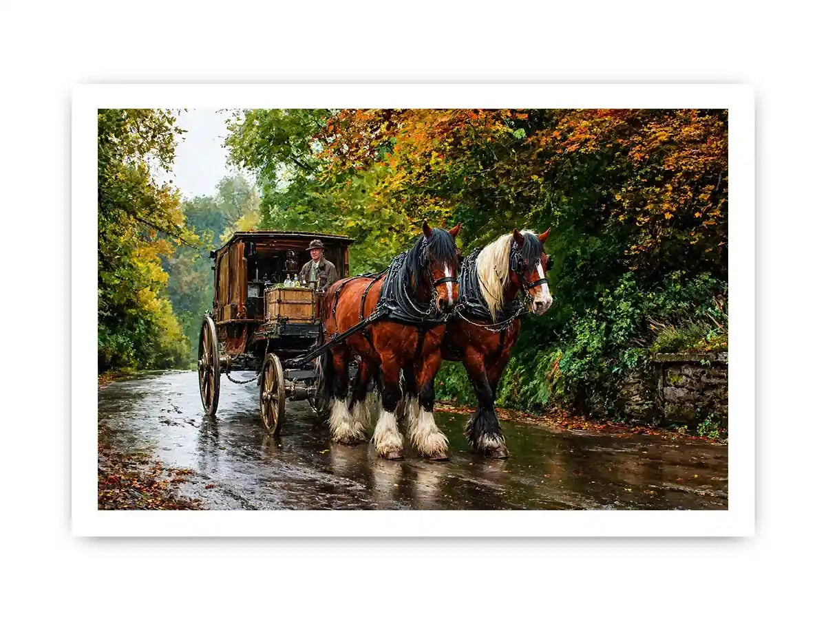 Impressionist countryside horse carriage on autumn road rustic landscape wall art