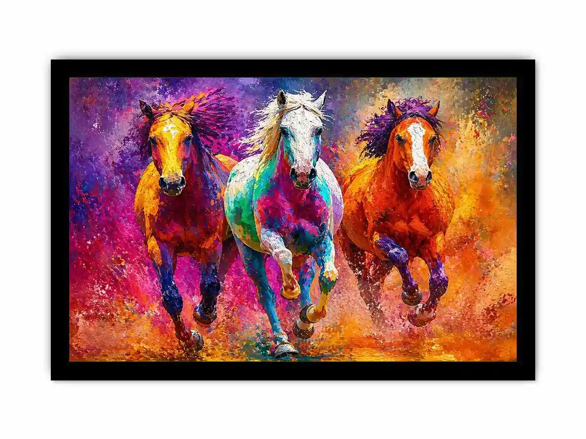 abstract colorful horses running painting, vibrant horse trio wall art, modern abstract horse canvas artwork, colorful animal painting for living room