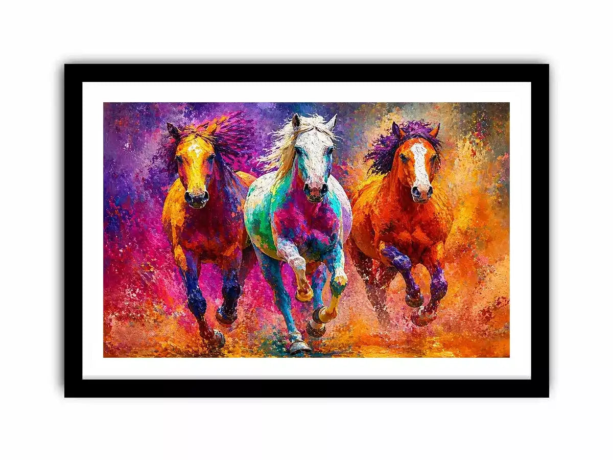abstract colorful horses running painting, vibrant horse trio wall art, modern abstract horse canvas artwork, colorful animal painting for living room