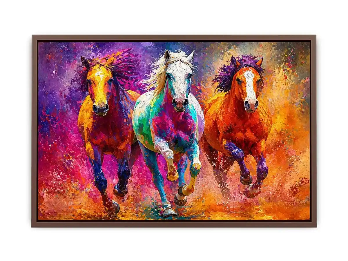 abstract colorful horses running painting, vibrant horse trio wall art, modern abstract horse canvas artwork, colorful animal painting for living room