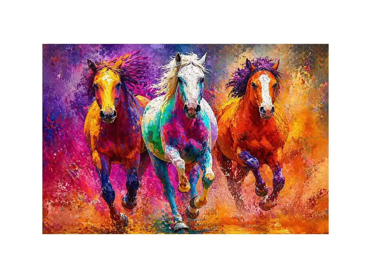 abstract colorful horses running painting, vibrant horse trio wall art, modern abstract horse canvas artwork, colorful animal painting for living room