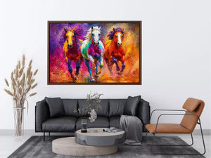 abstract colorful horses running painting, vibrant horse trio wall art, modern abstract horse canvas artwork, colorful animal painting for living room